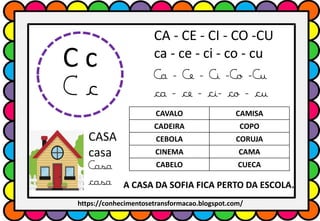 C c
C c
CA - CE - CI - CO -CU
ca - ce - ci - co - cu
Ca - Ce - Ci -Co -Cu
ca - ce - ci- co - cu
CASA
casa
Casa
casa
CAVALO CAMISA
CADEIRA COPO
CEBOLA CORUJA
CINEMA CAMA
CABELO CUECA
A CASA DA SOFIA FICA PERTO DA ESCOLA.
https://conhecimentosetransformacao.blogspot.com/
 