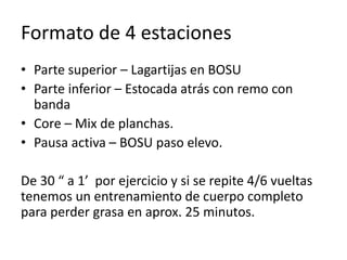 Formato de 4 estaciones
• Parte superior – Lagartijas en BOSU
• Parte inferior – Estocada atrás con remo con
banda
• Core – Mix de planchas.
• Pausa activa – BOSU paso elevo.
De 30 “ a 1’ por ejercicio y si se repite 4/6 vueltas
tenemos un entrenamiento de cuerpo completo
para perder grasa en aprox. 25 minutos.
 