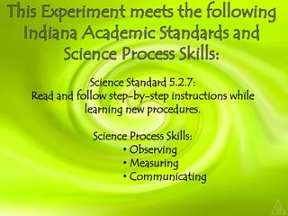 This Experiment meets the following Indiana Academic Standards and Science Process Skills:Science Standard 5.2.7:Read and follow step-by-step instructions while learning new procedures.Science Process Skills: Observing