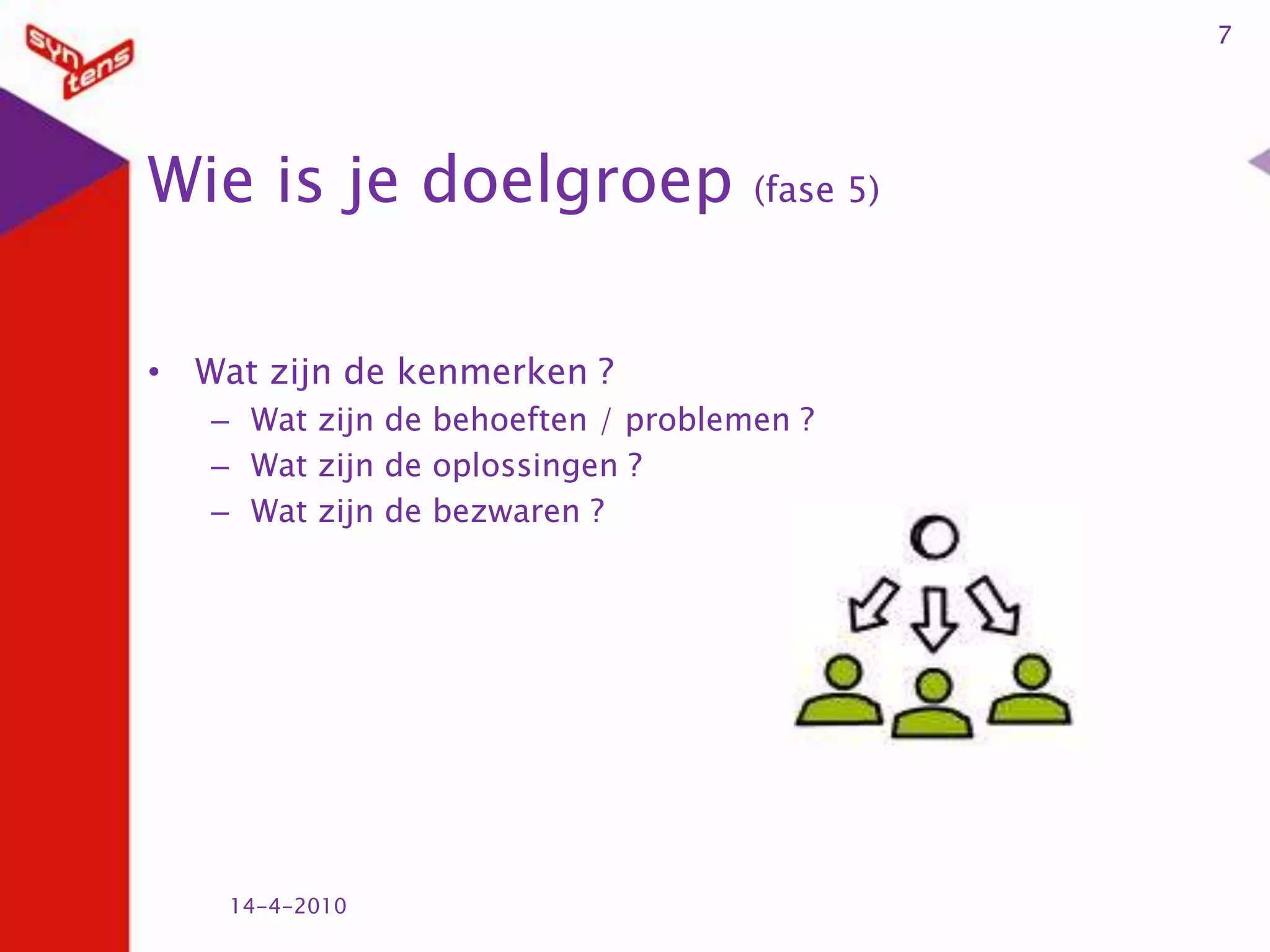 Wie is je doelgroep (fase 5)Wat zijn de kenmerken ? Wat zijn de behoeften / problemen ?Wat zijn de oplossingen ?Wat zijn de bezwaren ?14-4-20107