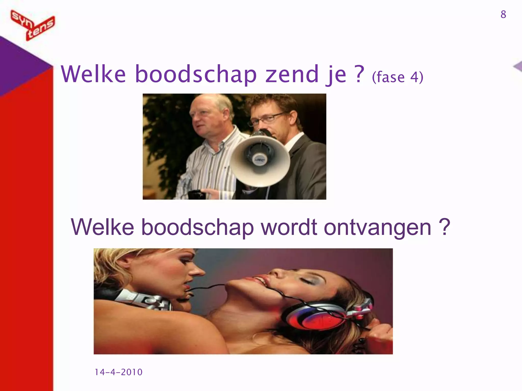 Welke boodschap zend je ? (fase 4)14-4-20108Welke boodschap wordt ontvangen ? 