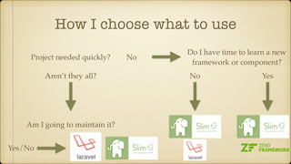 How I choose what to use
Project needed quickly?
Aren’t they all?
No
Am I going to maintain it?
Yes/No
Do I have time to learn a new
framework or component?
YesNo
 