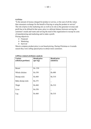 ~ 10 ~




4.4 Price
“Is the amount of money charged for product or service, or the sum of all the values
that consumers exchange for the benefit of having or using the product or service”
The role of price in the marketing mix as well as its role as the generator revenue and
profit has to be difined.In that sense, price is a delicate balance between serving the
customer‟s needs and wants and serving the need of the organization to recoup its costs
of manufacturing and marketing and to make a profit.
Pricing objectives:
     Financial
     Marketing
     Survival
Maxeis company product price is cost based pricing. During Christmas or Avarudu
season they were selling special price to attract more customers.


4.5Price related attributes analysis
Variety                 Retail price           Retail price
(chicken portions)      (per kg)               (skinless)



Breast                  Rs .530                _

Whole chicken           Rs.350                 Rs.400

Drump stick             Rs.460                 Rs.510

Baby drump stick        Rs.375                 _

Thigh                   Rs.460                 Rs.510

Liver                   Rs.350                 _

Leg                     Rs.460                 Rs.510
 