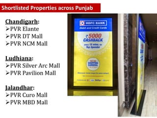 Shortlisted Properties across Punjab
Chandigarh:
PVR Elante
PVR DT Mall
PVR NCM Mall
Ludhiana:
PVR Silver Arc Mall
PVR Pavilion Mall
Jalandhar:
PVR Curo Mall
PVR MBD Mall
 