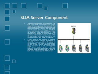 SLIM Server Component The major component is the SLIM server. The SLIM server holds pre-installed Linux system image for sharing across the network. The system image is exported as read only by the NFS to all client PC to build the their local root file system during booting up. One SLIM server may serve as many as OS images made by different Linux distributions. It also provides TFTP service to allow client PC to download network boot loader. It also holds OS boot images which are Linux kernel and initrd for network boot loader to download.  A DHCP server is also required for network boot configuration. It assigns IP addresses to client PCs. It also provides the IP address of the SLIM server, thus client PC can download all boot up files, and use the shared system image. However, it is not restricted that DHCP server needed to be a different machine. A common deployment case may use singe server grade machine to serve as SLIM server and also provide DHCP service 
