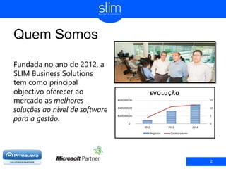 Quem Somos
Fundada no ano de 2012, a
SLIM Business Solutions
tem como principal
objectivo oferecer ao
mercado as melhores
soluções ao nível de software
para a gestão.
2
0
5
10
15
€-
€200,000.00
€400,000.00
€600,000.00
2012 2013 2014
EVOLUÇÃO
Negócios Colaboradores
 