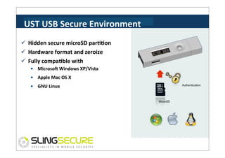 UST	
  USB	
  Secure	
  Environment	
  
ü  Hidden	
  secure	
  microSD	
  parCCon	
  
ü  Hardware	
  format	
  and	
  zeroize	
  
ü  Fully	
  compaCble	
  with	
  
•	
  	
  	
  	
  MicrosoV	
  Windows	
  XP/Vista	
  
•	
  	
  	
  	
  Apple	
  Mac	
  OS	
  X	
  
•	
  	
  	
  	
  GNU	
  Linux	
  

Authentication

MicroSD

 
