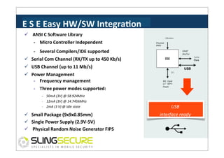 E	
  S	
  E	
  Easy	
  HW/SW	
  IntegraCon	
  
ü  	
  ANSI	
  C	
  SoVware	
  Library	
  
-­‐	
  	
  	
  	
  Micro	
  Controller	
  Independent	
  

Oscillator

PCysicaJ	
  
RNG

-­‐	
  	
  	
  	
  Several	
  Compilers/IDE	
  supported	
  

UAAT

(Rx/Tx)	
  
Syste
m

ü  Serial	
  Com	
  Channel	
  (RX/TX	
  up	
  to	
  450	
  Kb/s)	
  
ü  USB	
  Channel	
  (up	
  to	
  11	
  Mb/s)	
  
ü  Power	
  Management	
  
-­‐	
  	
  	
  	
  Frequency	
  management	
  
-­‐	
  	
  	
  	
  Three	
  power	
  modes	
  supported:	
  
-­‐	
  	
  	
  	
  50mA	
  (3V)	
  @	
  58.924MHz	
  
-­‐	
  	
  	
  	
  12mA	
  (3V)	
  @	
  14.7456MHz	
  
-­‐	
  	
  	
  	
  2mA	
  (3	
  V)	
  @	
  Idle	
  state	
  

ü  Small	
  Package	
  (9x9x0.85mm)	
  
ü  Single	
  Power	
  Supply	
  (2.9V-­‐5V)	
  
ü  	
  Physical	
  Random	
  Noise	
  Generator	
  FIPS	
  
140-­‐2	
  

SP1

SO Card
or SP1
Ftash

USB	
  
interface	
  ready	
  

 