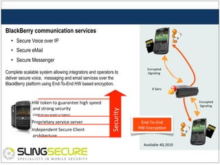 BlackBerry communication services
•  Secure Voice over IP
•  Secure eMail
•  Secure Messenger
Complete scalable system allowing integrators and operators to
deliver secure voice, messaging and email services over the
BlackBerry platform using End-To-End HW based encryption.

Encrypted	
  
Signaling	
  

HW	
  token	
  to	
  guarantee	
  high	
  speed	
  
and	
  strong	
  security	
  	
  
(2048	
  bit	
  key	
  length	
  or	
  higher)	
  
Proprietary	
  service	
  server	
  
Independent	
  Secure	
  Client	
  
architecture	
  

Security	
  

X	
  Serv	
  
Encrypted	
  
Signaling	
  

End-­‐To-­‐End	
  
HW	
  Encryp:on	
  

Available	
  4Q	
  2010	
  

 