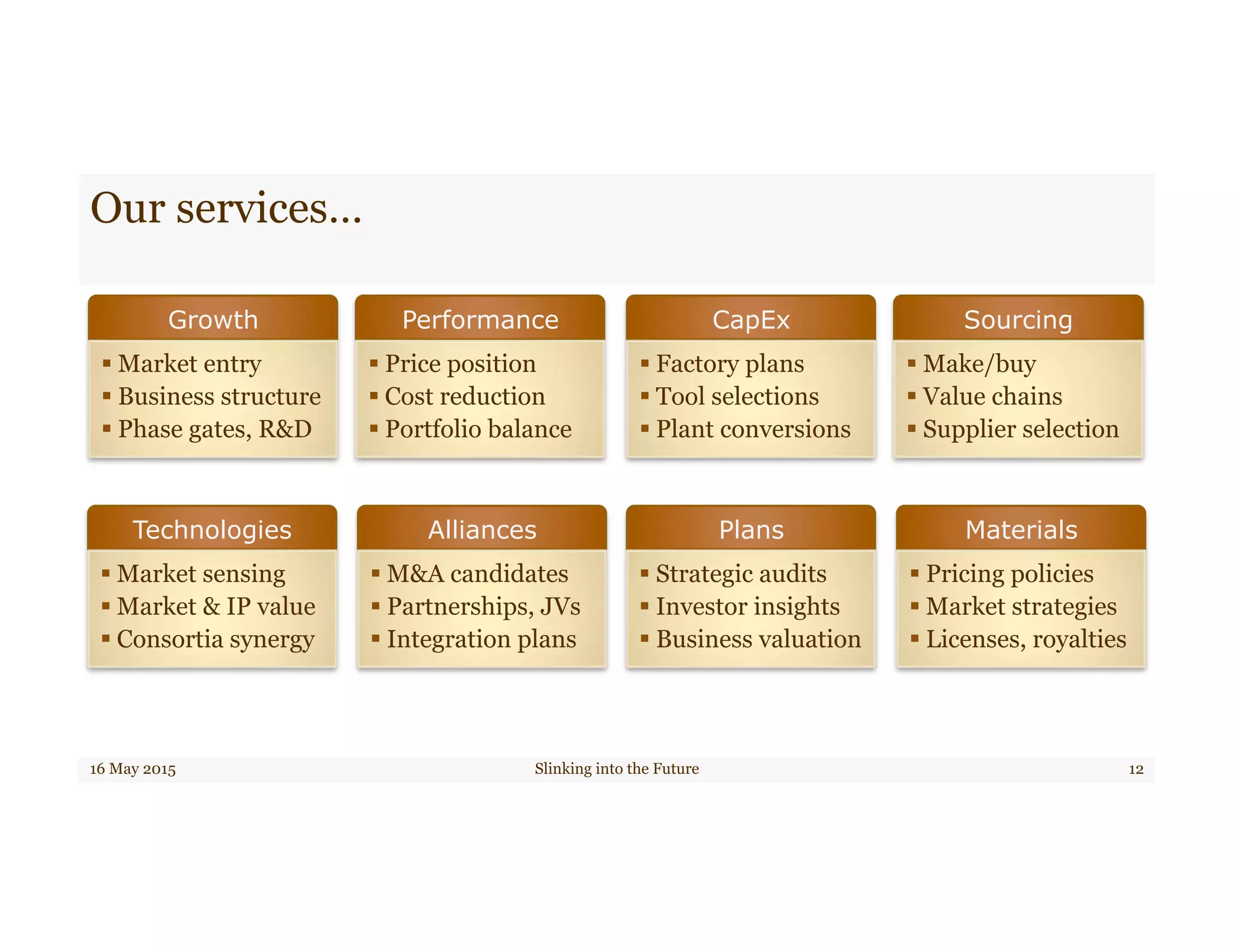 Our services…
16 May 2015 Slinking into the Future 12
Growth
§ Market entry
§ Business structure
§ Phase gates, R&D
Technologies
§ Market sensing
§ Market & IP value
§ Consortia synergy
Alliances
§ M&A candidates
§ Partnerships, JVs
§ Integration plans
Plans
§ Strategic audits
§ Investor insights
§ Business valuation
Materials
§ Pricing policies
§ Market strategies
§ Licenses, royalties
Performance
§ Price position
§ Cost reduction
§ Portfolio balance
CapEx
§ Factory plans
§ Tool selections
§ Plant conversions
Sourcing
§ Make/buy
§ Value chains
§ Supplier selection
 