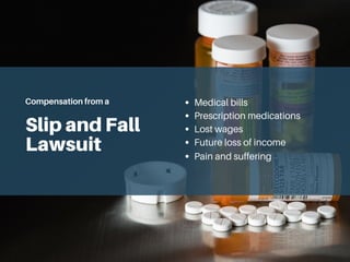 Slip and Fall
Lawsuit
Medical bills
Prescription medications
Lost wages
Future loss of income
Pain and suffering
Compensation from a
 