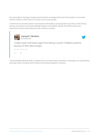 Social Insights on the Luxury Fashion Industry	 © Brandwatch.com | 14
At a quick glance, the figure reveals several specific campaigns that have driven peaks in consumers’
intent to switch to ATT, Sprint or Verizon as a service provider.
Furthermore, by reviewing these conversations individually or grouping them according to their driving
factors, businesses can uncover detailed insight on the specific aspects that affect consumers’
experiences and purchase decisions with a brand or product.
Joanazel Y. Mendoza
@JozelyJozel
I might switch with Sprint again from being a current T-Mobile customer
because of their data charges.
4:04 PM - 28 Mar 2015
1	 1
That knowledge allows brands to evaluate how successful their competitors’ campaigns are at generating
purchase intent, as well as which factors are driving competitors’ business.
 
