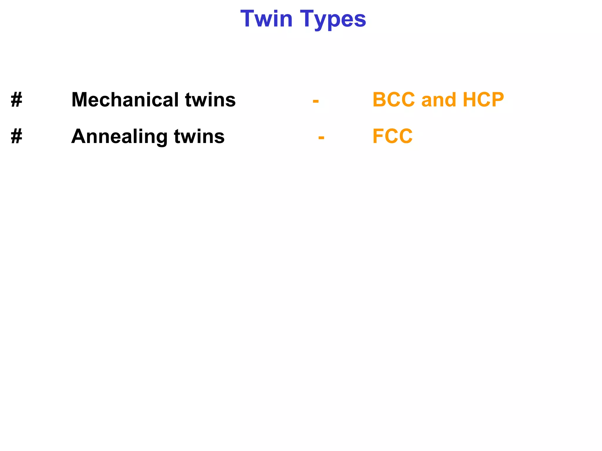 Twin Types
# Mechanical twins - BCC and HCP
# Annealing twins - FCC
 