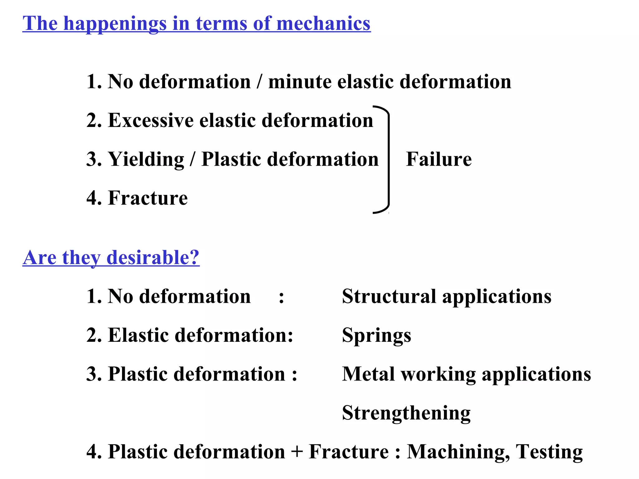 The happenings in terms of mechanics
1. No deformation / minute elastic deformation
2. Excessive elastic deformation
3. Yielding / Plastic deformation Failure
4. Fracture
Are they desirable?
1. No deformation : Structural applications
2. Elastic deformation: Springs
3. Plastic deformation : Metal working applications
Strengthening
4. Plastic deformation + Fracture : Machining, Testing
 