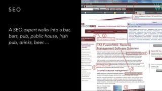 S E O
A SEO expert walks into a bar,
bars, pub, public house, Irish
pub, drinks, beer….
 