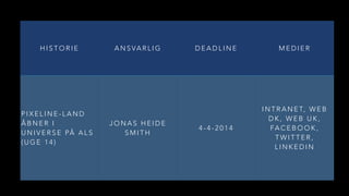 H I S T O R I E A N S VA R L I G D E A D L I N E M E D I E R
P I X E L I N E - L A N D
Å B N E R I
U N I V E R S E PÅ A L S
( U G E 1 4 )
J O N A S H E I D E
S M I T H
4 - 4 - 2 0 1 4
I N T R A N E T, W E B
D K , W E B U K ,
FA C E B O O K ,
T W I T T E R ,
L I N K E D I N
 