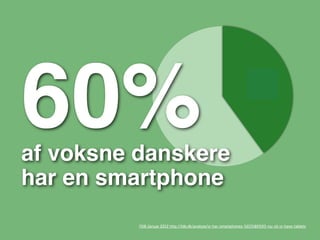 60%
af voksne danskere
                           60%
                                                                           40%




har en smartphone
          FDB Januar 2012 http://fdb.dk/analyse/vi-har-smartphones-%E2%80%93-nu-vil-vi-have-tablets
 