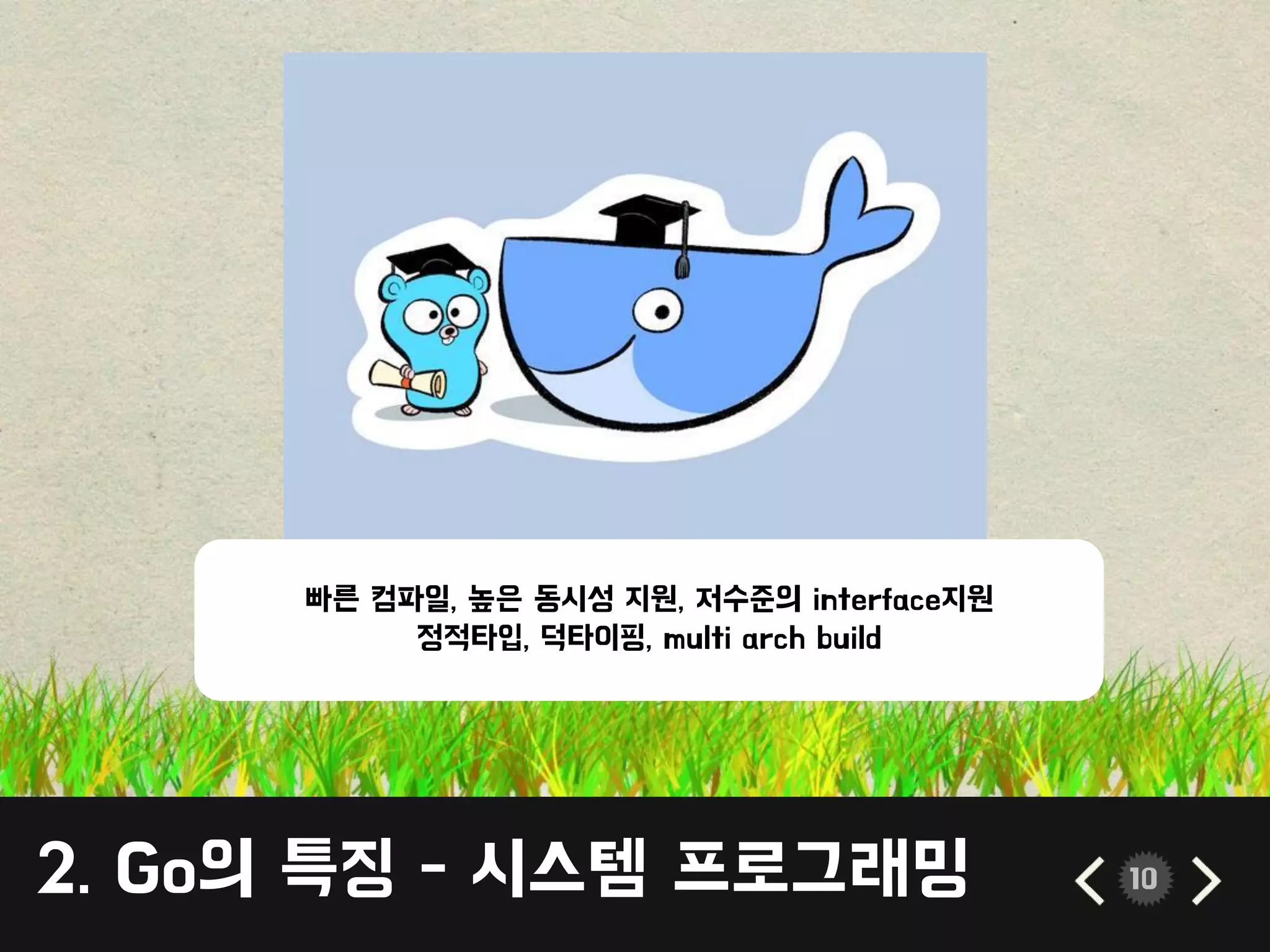 2. Go의 특징 - 시스템 프로그래밍 10
빠른 컴파일, 높은 동시성 지원, 저수준의 interface지원
정적타입, 덕타이핑, multi arch build
 