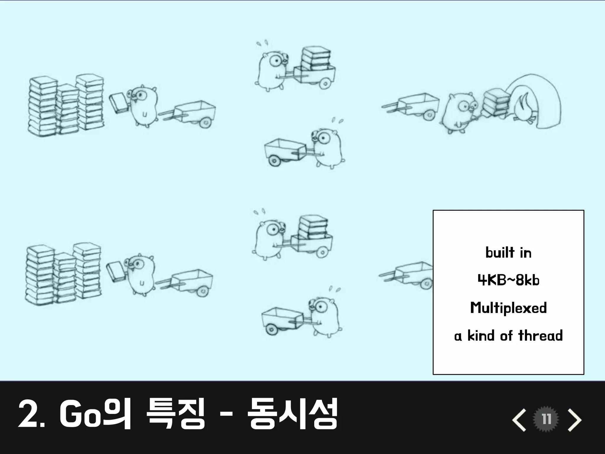 2. Go의 특징 - 동시성 11
built in
4KB~8kb
Multiplexed
a kind of thread
 