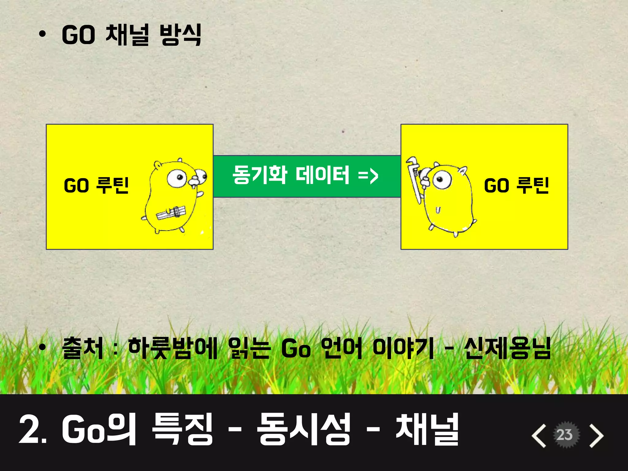 • GO 채널 방식
• 출처 : 하룻밤에 읽는 Go 언어 이야기 - 싞제용님
동기화 데이터 =>
2. Go의 특징 - 동시성 - 채널 23
GO 루틴 GO 루틴
 