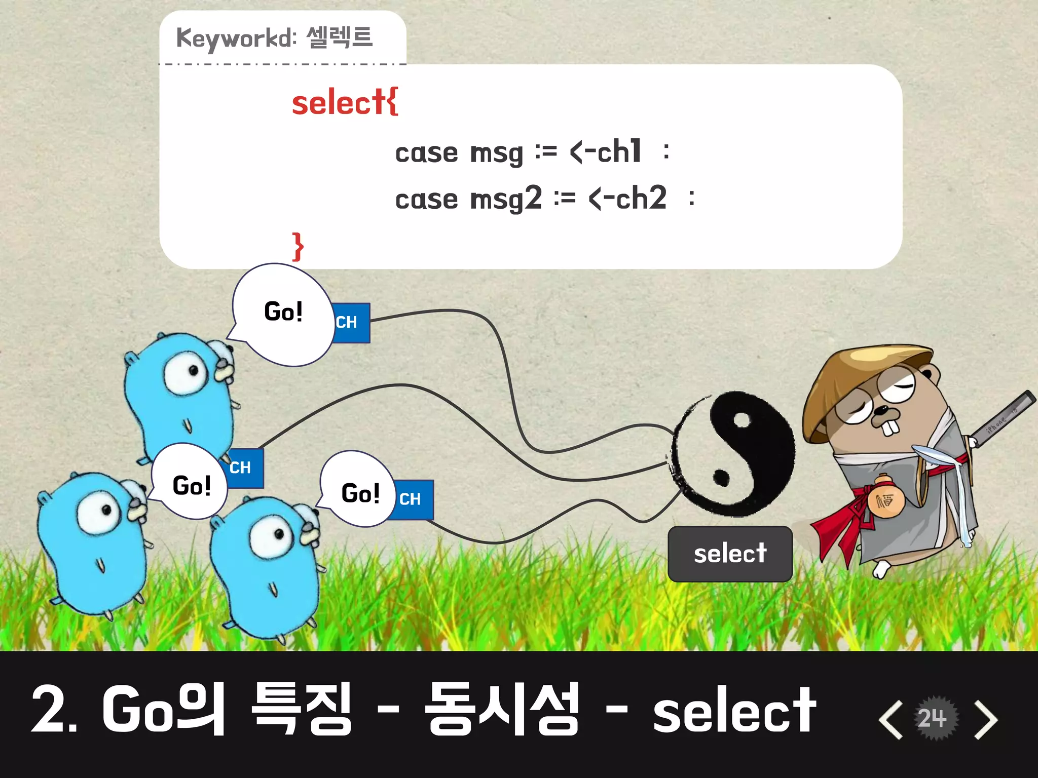 CH
CH
2. Go의 특징 - 동시성 - select 24
select{
case msg := <-ch1 :
case msg2 := <-ch2 :
}
Keyworkd: 셀렉트
Go!
Go!
select
CHGo!
 