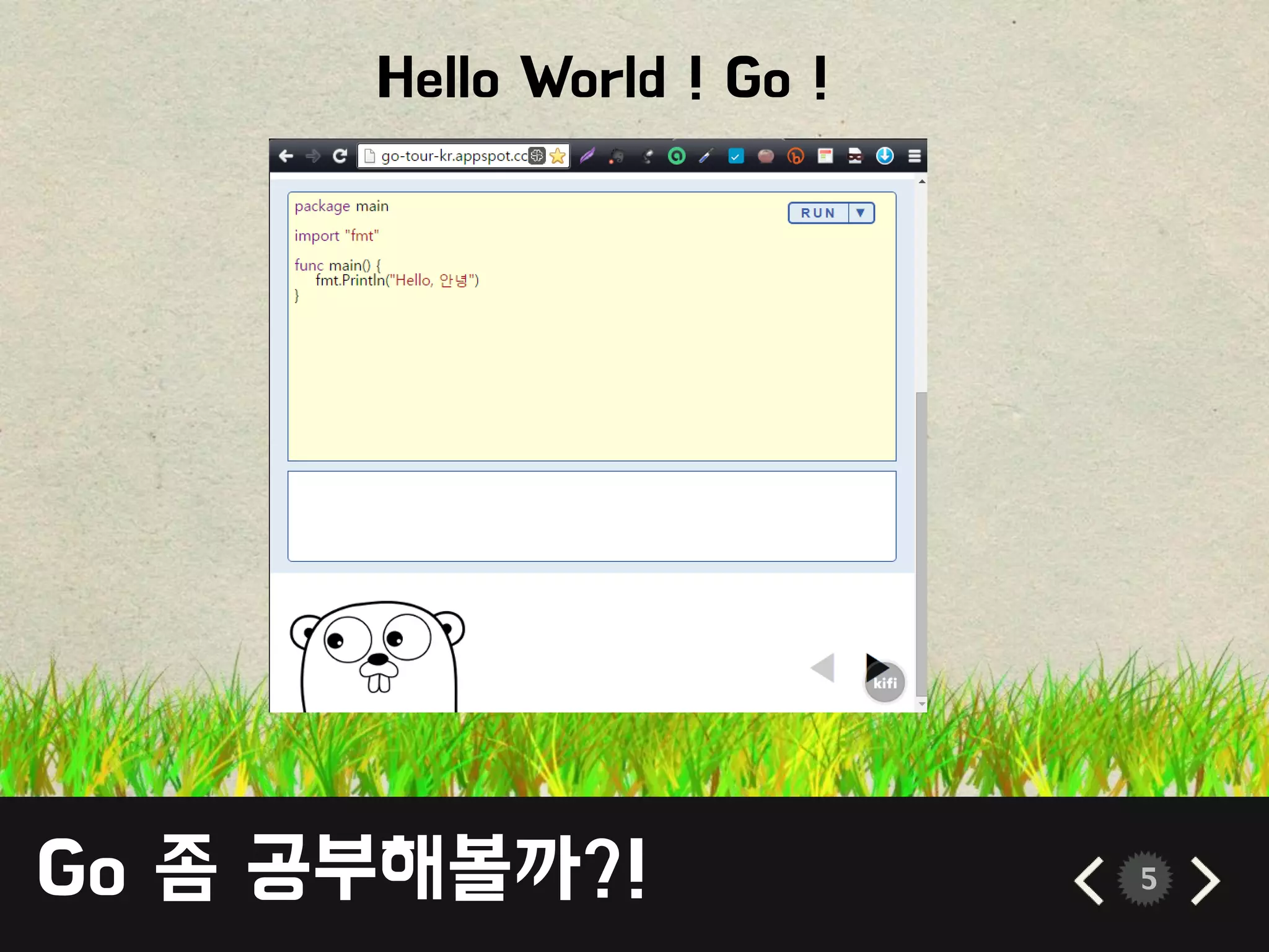 Go 좀 공부해볼까?! 5
Hello World ! Go !
 