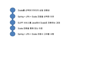 Scala를 선택하기까지의 삽질 경험담
Spring + JPA + Scala 조합을 선택한 이유
SLiPP 서비스를 Java에서 Scala로 전환하는 과정
Scala 전환을 통해 얻는 이점
Spring + JPA + Scala 조합시 고려할 사항
 