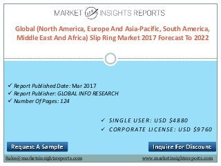  SINGLE USER: USD $4880
 CORPORATE LICENSE: USD $9760
Global (North America, Europe And Asia-Pacific, South America,
Middle East And Africa) Slip Ring Market 2017 Forecast To 2022
Sales@marketsinsightsreports.com
 Report Published Date: Mar 2017
 Report Publisher: GLOBAL INFO RESEARCH
 Number Of Pages: 124
www.marketinsightsreports.com
 