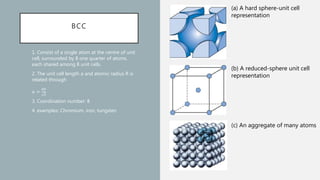BCC
1. 1. Consist of a single atom at the centre of unit
cell, surrounded by 8 one quarter of atoms,
each shared among 8 unit cells.
2. 2. The unit cell length a and atomic radius R is
related through
3. 𝑎 =
4𝑅
3
4. 3. Coordination number: 8
5. 4. examples: Chromium, iron, tungsten
(a) A hard sphere-unit cell
representation
(b) A reduced-sphere unit cell
representation
(c) An aggregate of many atoms
 