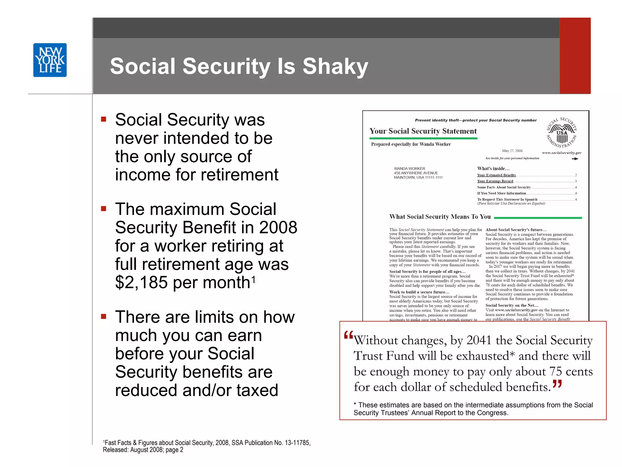Social Security Is Shaky  Social Security was never intended to be the only source of income for retirement The maximum Social Security Benefit in 2008 for a worker retiring at full retirement age was $2,185 per month 1 There are limits on how much you can earn before your Social Security benefits are reduced and/or taxed 1 Fast Facts & Figures about Social Security, 2008, SSA Publication No. 13-11785, Released: August 2008; page 2  Without changes, by 2041 the Social Security Trust Fund will be exhausted* and there will be enough money to pay only about 75 cents for each dollar of scheduled benefits. * These estimates are based on the intermediate assumptions from the Social Security Trustees’ Annual Report to the Congress. “ ” 