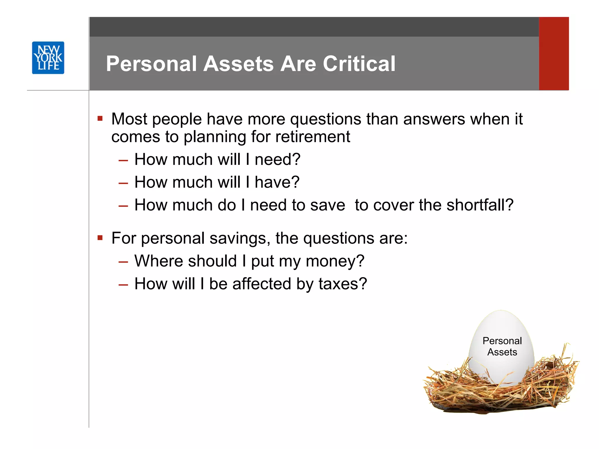 Personal Assets Are Critical  Most people have more questions than answers when it comes to planning for retirement How much will I need?  How much will I have? How much do I need to save  to cover the shortfall? For personal savings, the questions are:  Where should I put my money?  How will I be affected by taxes? Personal Assets 