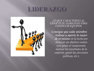 LO QUE CARACTERIZA AL
LÍDER ES SU HABILIDAD PARA
    CONDUCIR EQUIPOS

 Consigue que cada miembro
    trabaje y aporte lo mejor
   de sí mismo en la lucha por
    alcanzar un objetivo común
     (sea ganar el campeonato,
    mejorar los resultados de la
   empresa, ganar las elecciones
           políticas, etc.).
 