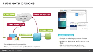 18CONFIDENTIAL
• Google Cloud Messaging: Android/Chrome
• Apple Push Notification Service: iPhone, iPad,
Safari
• Other services: Microsoft, Blackberry, …
PUSH NOTIFICATIONS
your
back-end
1. GET TOKEN
2. SEND TOKEN
4. SEND NOTIFICATION
5. SEND NOTIFICATION
3. STORE TOKEN
Messaging
service
VENDOR SERVICES
Not a replacement for web-sockets!
https://www.urbanairship.com/push-notifications-explained
 