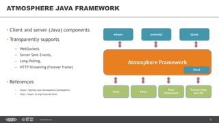 32CONFIDENTIAL
• Client and server (Java) components
• Transparently supports
– WebSockets
– Server Sent Events,
– Long-Polling,
– HTTP Streaming (Forever frame)
• References
– https://github.com/Atmosphere/atmosphere
– http://async-io.org/tutorial.html
ATMOSPHERE JAVA FRAMEWORK
 
