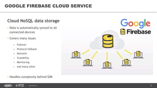35CONFIDENTIAL
Cloud NoSQL data storage
• Data is automatically synced to all
connected devices
• Covers many issues
– Failover
– Protocol fallback
– Network
– Scalability
– Monitoring
– and many other
• Handles complexity behind SDK
GOOGLE FIREBASE CLOUD SERVICE
 