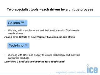 Two specialist tools - each driven by a unique processWorking with manufacturers and their customers to Co-Innovate new business. Found over $32mio in new Walmart business for one client!Working with R&D and Supply to unlock technology and innovate consumer productsLaunched 3 products in 6 months for a food client!2Co-Inno ™Tech-Inno ™