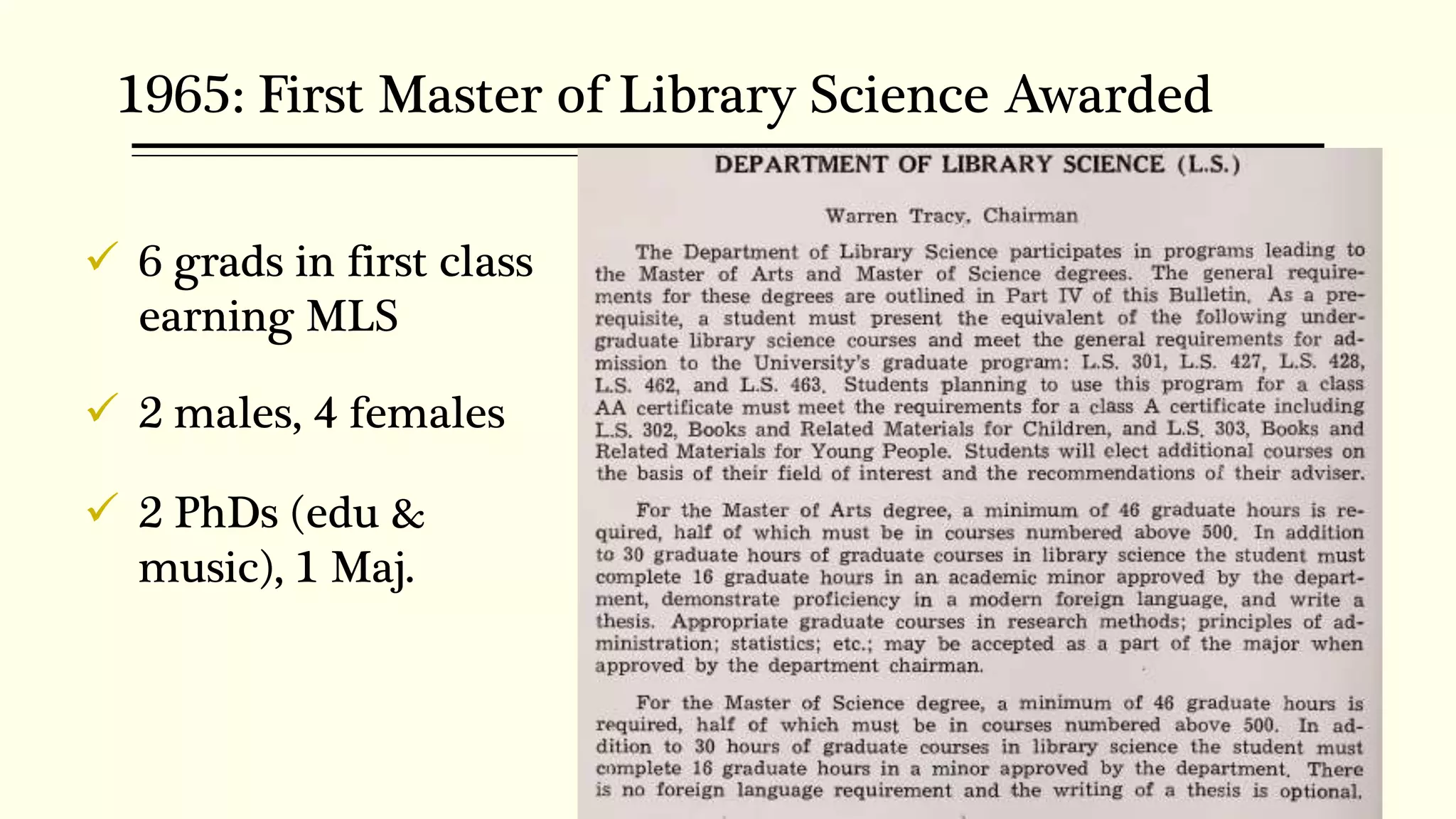 1965: First Master of Library Science Awarded
 6 grads in first class
earning MLS
 2 males, 4 females
 2 PhDs (edu &
music), 1 Maj.
 