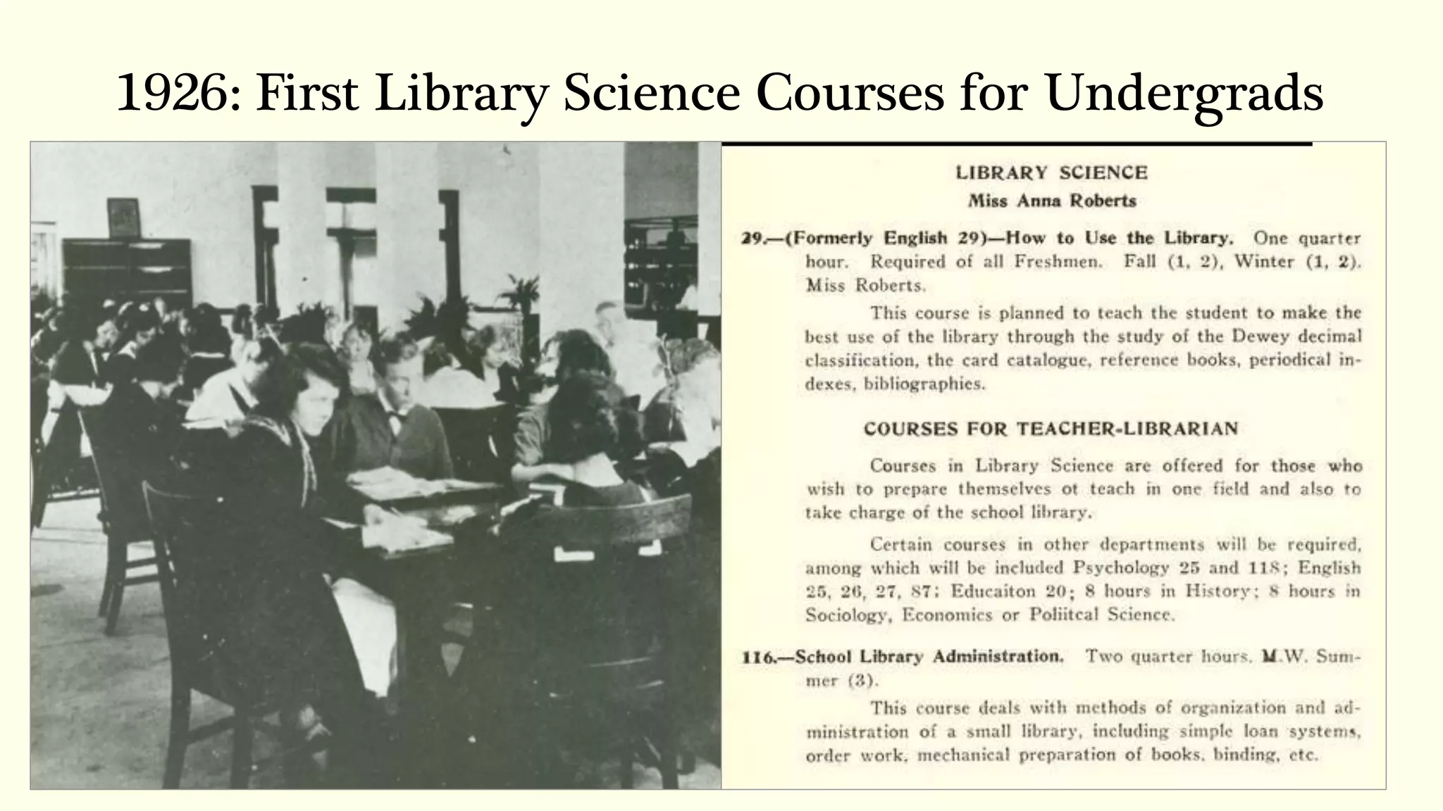 1926: First Library Science Courses for Undergrads
 