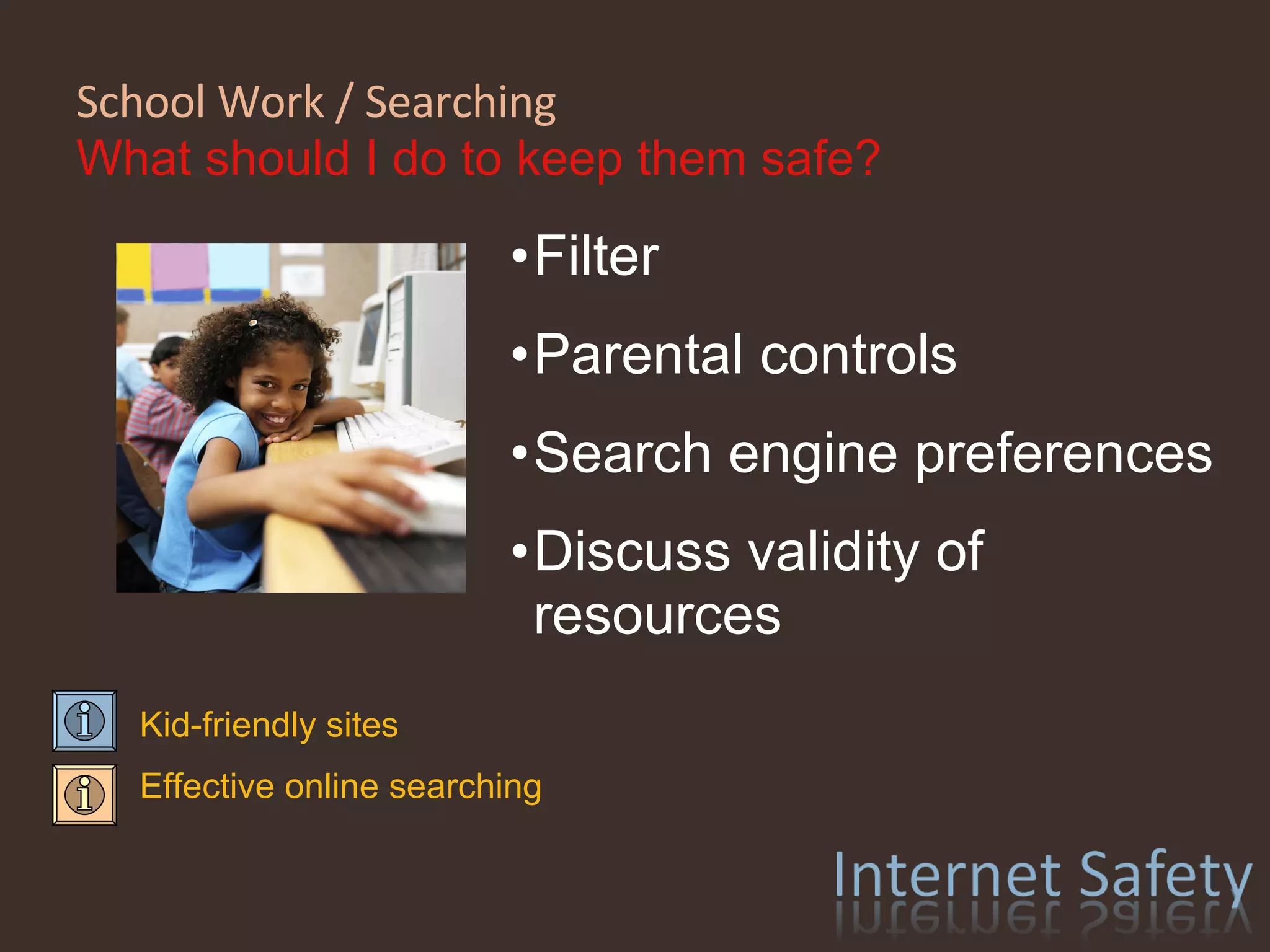 School Work / Searching  What should I do to keep them safe? Filter Parental controls Search engine preferences Discuss validity of resources Kid-friendly sites Effective online searching 