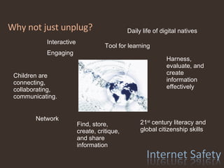 Why not just unplug? Interactive Engaging Children are connecting, collaborating, communicating. Find, store, create, critique, and share information Harness, evaluate, and create information effectively 21 st  century literacy and global citizenship skills Tool for learning Daily life of digital natives Network 