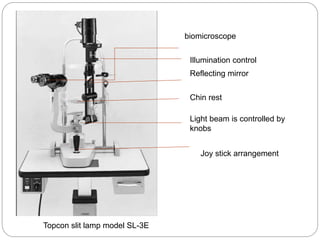 Topcon slit lamp model SL-3E
Light beam is controlled by
knobs
Joy stick arrangement
Chin rest
Reflecting mirror
biomicroscope
Illumination control
 