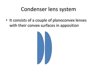 Condenser lens system
• It consists of a couple of planoconvex lenses
with their convex surfaces in apposition
 