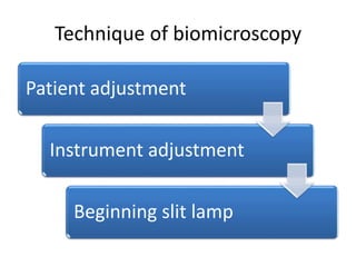 Technique of biomicroscopy
Patient adjustment
Instrument adjustment
Beginning slit lamp
 