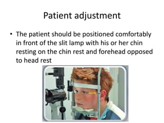 Patient adjustment
• The patient should be positioned comfortably
in front of the slit lamp with his or her chin
resting on the chin rest and forehead opposed
to head rest
 