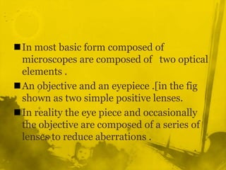 In most basic form composed of microscopes are composed of   two optical elements .An objective and an eyepiece .[in the fig shown as two simple positive lenses.In reality the eye piece and occasionally the objective are composed of a series of lenses to reduce aberrations .