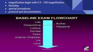 ● magnification begin with 6 X - 10X magnification .
● focusing.
● special procedures.
● protocol and documentation.
 