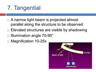 7. Tangential
 A narrow light beam is projected almost
parallel along the structure to be observed
 Elevated structures are visible by shadowing
 Illumination angle 70-90°
 Magnification 10-25x
 
