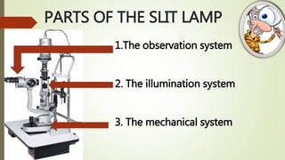 PARTS OF THE SLIT LAMP
1.The observation system
2. The illumination system
3. The mechanical system
 