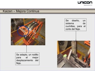 Kaizen – Mejora Continua

                                Se diseño, un
                                sistema          de
                                cuchillas, para el
                                corte del fleje.




        Se adapto, un rodillo
        para    el     mejor
        desplazamiento del
        fleje.
 