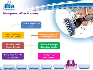Esteban Lecumberri
                            CEO


Hamid Houshmand                       Alexandra Kniewasser
PR & CSR Director                       Marketing Director


 Alexander Gocke                      Vasumathi Arumugam
 Finance Director                      Operations Director


Osayomore Ossuetta                         Casey Corry
    HR Director                           R&D Director
 